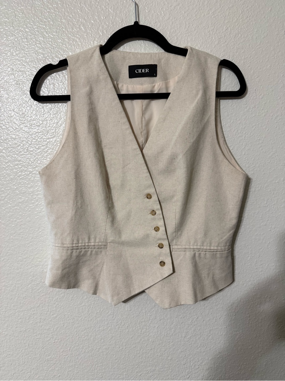 Cider Cream Linen Blend Asymmetric Button Tailored Vest Top-Size L